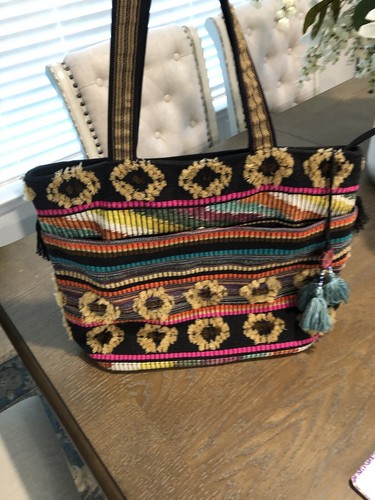 Steven by Steve Madden Multi Color Embroidered and Beaded Canvas Tote Bag