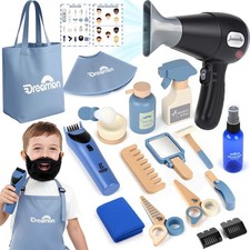 Barber Pretend Play Set, Shaving Kit Wooden Hair Salon Toys for Boys with Wea...
