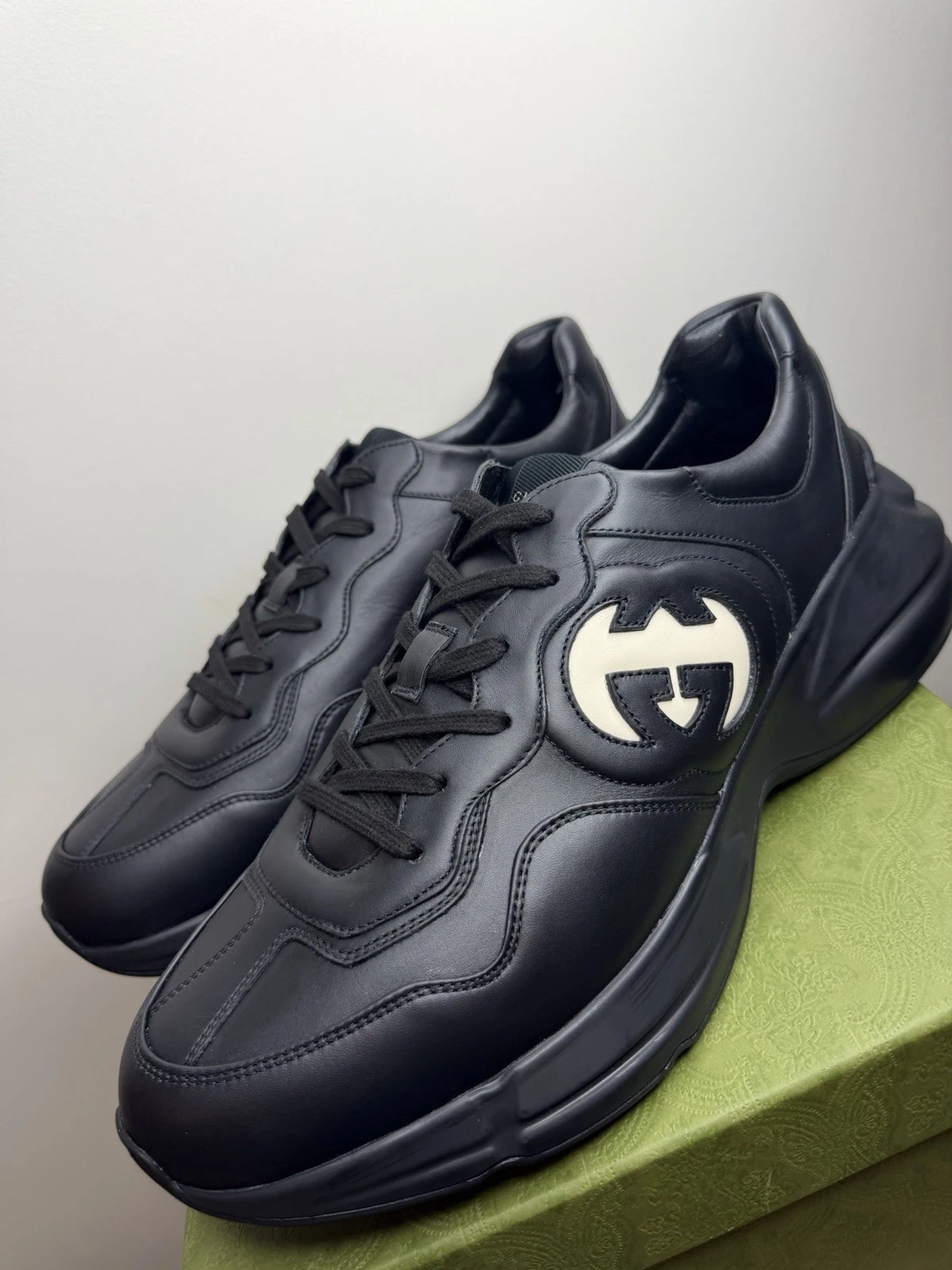 Gucci — Gucci Men’s Black Leather Interlocking GG Batman Rhytons Sneakers Size 14UK/15US