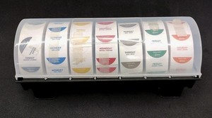 Day Dot Food Labels in Storage Dispenser with 7 Slots Round Stickers