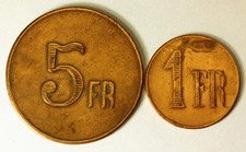 BELGIUM 1, 5 Francs ND(1924-1940) - Copper - Prison Token - 2 Tokens. - 4322
