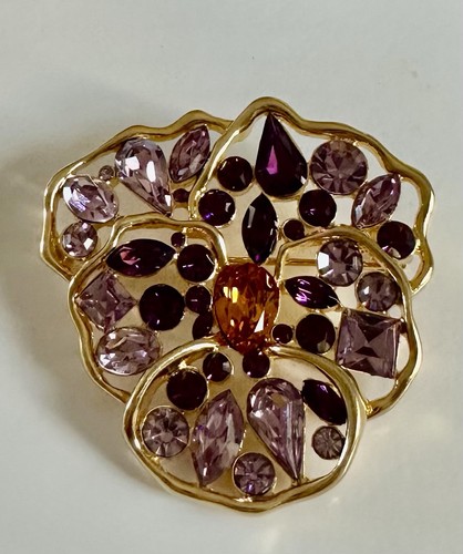 NOLAN MILLER Signed Vintage Gold Plated Purple & Amber Rhinestone Pansy Brooch