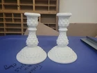 Pair - Vintage Fenton Glass Candle Stick Holders Hobnail White Milk Glass 5 7/8"