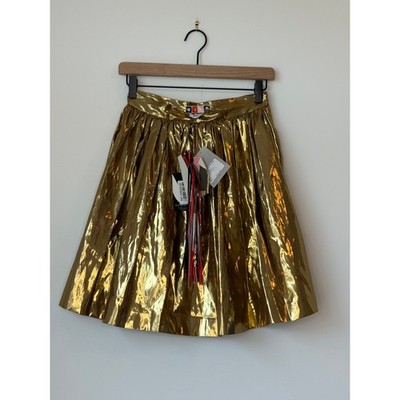MSGM Metallic Gold Pleated Full Skirt High Waist Statement NWT