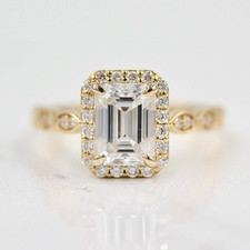 3.34 TCW Emerald Cut Moissanite Halo Engagement Ring 14K Solid Yellow Gold