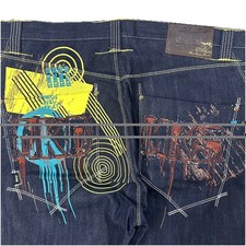 Vintage Y2K Akademiks Baggy Embroidered Painted Baggy Wide Denim Jeans Size 38