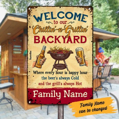 Personalized Family Backyard Chillin & Grillin Metal Sign Outdoor Decor