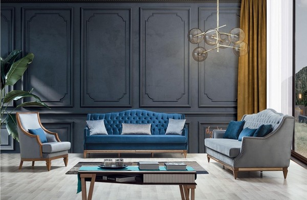 Moderne Blaue Chesterfield Sofagarnitur Designer Dreisitzer Luxus Sessel-image