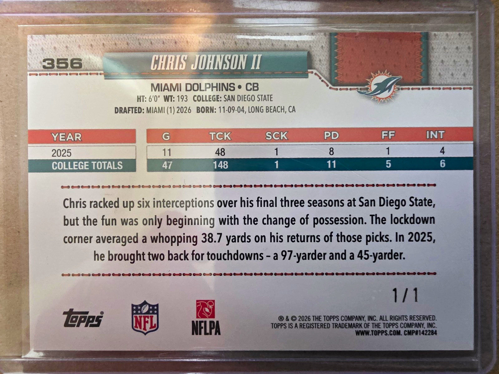 2026 Topps Football Flagship Chris Johnson II Miami Dolphins SUPERFRACTOR 1/1 RC view 3