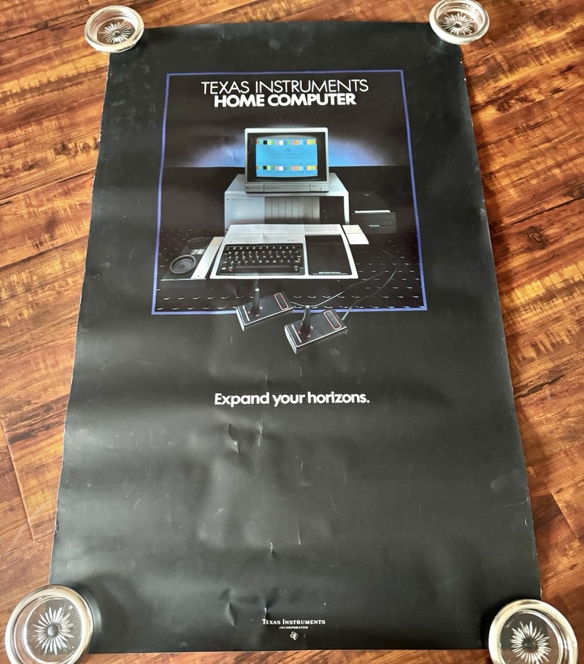 A genuine 1980s Texas Instruments Home Computer promotional poster — large-format, original print, from the brief golden moment TI tried to take on Atari and Commodore.