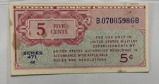US MPC Military Payment Certificate 5 Cents 1947 Series 471