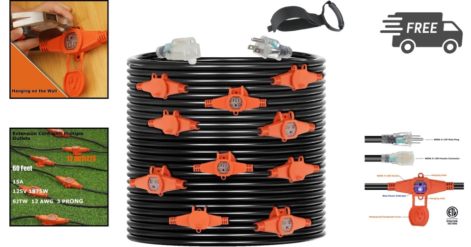 60FT Extension Cord with 11 Outlets Power Strip Heavy Duty 15A Indoor Outdoor - Image 2 of 4