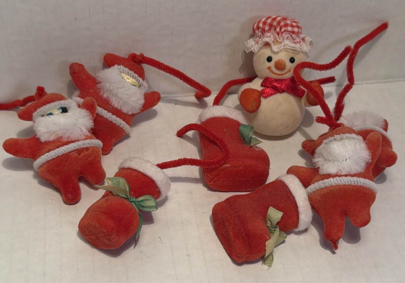 Vintage Flocked  Miniature Santas, Santa Boots, and a snow person Set of 8