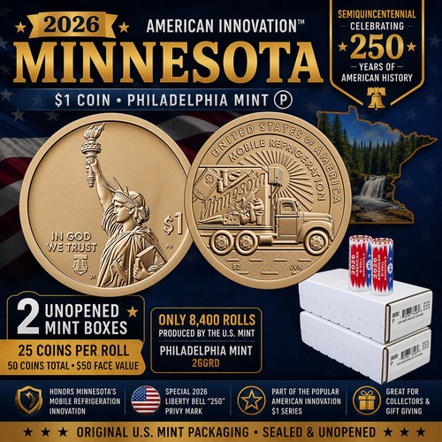 2026 American Innovation $1 Minnesota 2 Coin Rolls Semiquincentennial SEALED