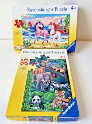 Ravensburger Puzzles 35 Pieces Age 4+ UNICORNS ON BEACH & EXOTIC ANIMALS Lot (2)