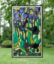 20" x 34" Tiffany Style stained glass window panel Iris flower glass panel HF448
