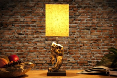 Lampe De Table En Bois Flotté Design - Bois Massif Et Lin, 41cm, Neuve
