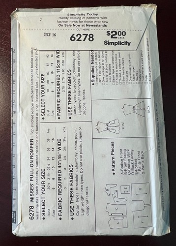 VTG 80s Simplicity 6278 Misses Romper w/ Button Shoulders Pattern Sz 16 UNCUT FF - Picture 4 of 5