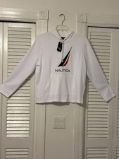 SUDADERA CON CAPUCHA NAUTICA JEANS ~ Talla M, Blanco, Pullover, Bolsillos Canguro