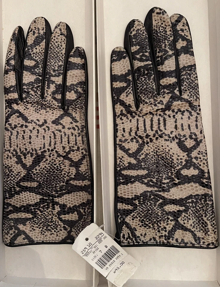 NUEVO CON ETIQUETAS DE COLECCIÓN Guantes de Dama Marshall Field's Piel de Serpiente Negro y Cuero Talla 7 Forrados de Seda Foto 3 de 4