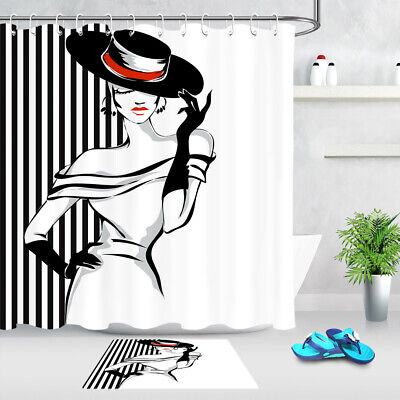Sexy Fashion Girl Black White Stripes Fabric Shower Curtain Set Bathroom  Decor
