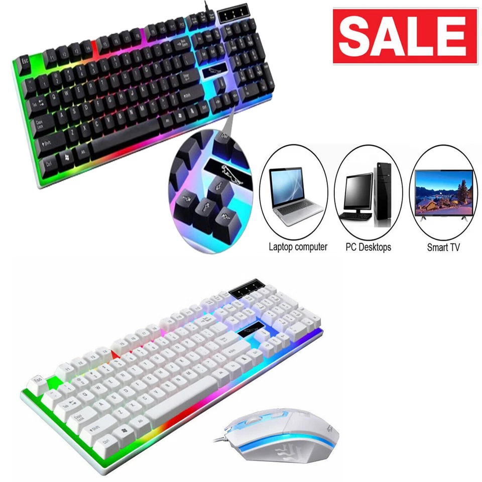Gaming Keyboard Mouse Set USB Rainbow RGB LED Wired For PC Laptop PS5 Xbox One - Image 2 of 4