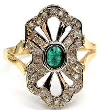 18CT GOLD EMERALD DIAMOND RING  ART DECO CLUSTER ENGAGEMENT 18CT YELLOW GOLD NEW