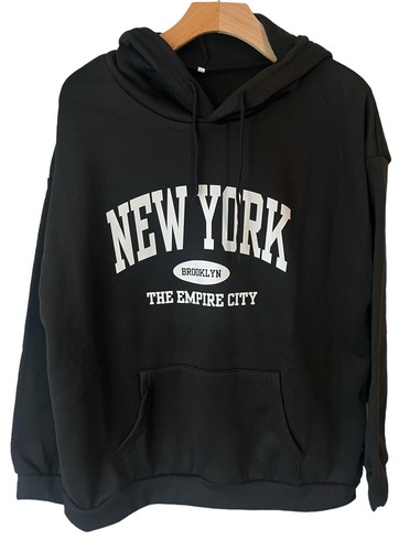 Shein Hoodie Womens XL Black NY Brooklyn Pockets Pull Over Hooded Sweatshirt NEW