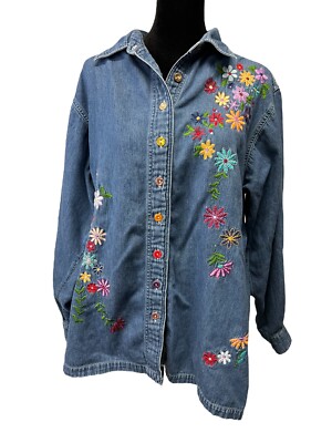 Vintage Silver Threads Blue Jean Denim Button Down With Floral Embroidery Medium