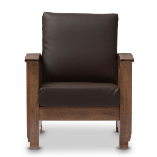 Mission Style Walnut/Brown Wood & Faux Leather Chair, or Loveseat, or Both - Picture 6 of 13