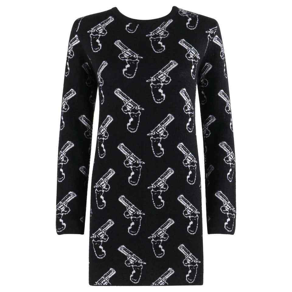 SAINT LAURENT Black Ivory Gun Print Long Sleeve Mini Shift