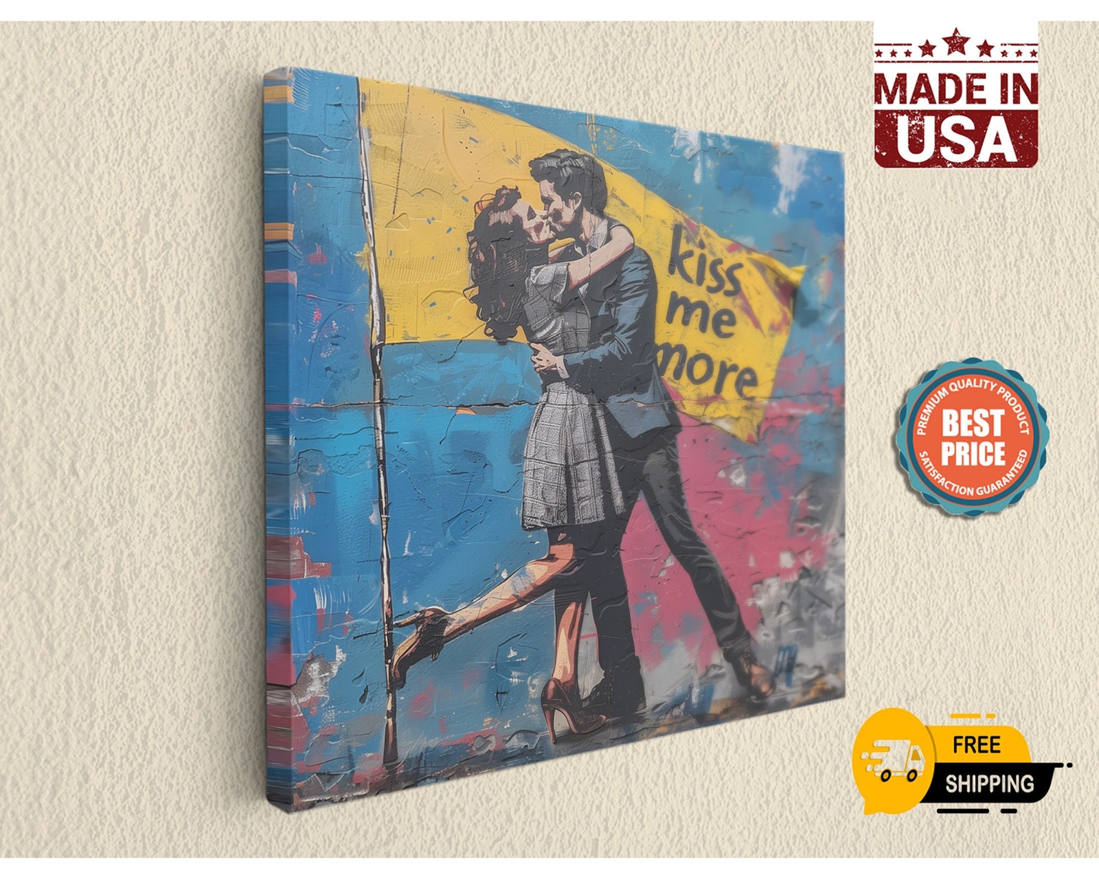 Pop Art Couple Kiss Me More Street Art by Banksy on Canvas Print - Home Decor