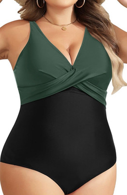 Plus Size Twist Front Colorblock One Piece Swimsuit Green Black