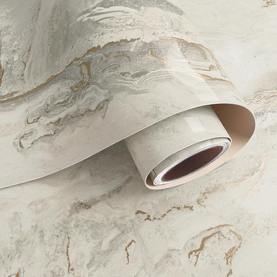 15.7''x78.7'' Glossy Marble Wallpaper, Beige-Grey-Gold, Peel and Stick, Self-Adh