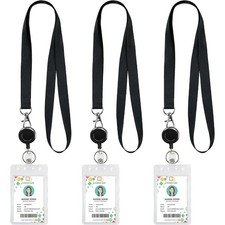 3 Pack Black Lanyard Retractable Badge Reels with Vertical ID Badge Holder