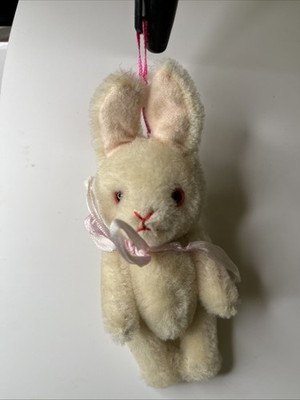 Articulated Mohair Bunny Rabbit Ornament 5 Tall Red Eyes Pink Ears Make/year???