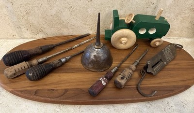 Primitive Vintage Tool Lot Eagle Oil Can Excelsior 50lb Scale Wood Tractor