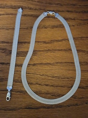 Vintage  HERRINGBONE 925 STERLING SILVER NECKLACE 25gr &  MATCHING BRACELET 14gr