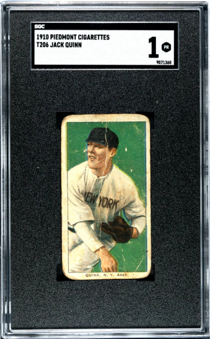 1909 T206 JACK QUINN NNO POOR PIEDMONT 350 SGC 1 BASEBALL NEW YORK HIGHLANDERS