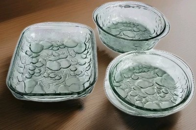 Vtg.Indiana Glass Madeira 3pc Green Ovenware Casseroles Libbey Orchard Fruit NIB