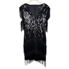 Babeyond Flapper Dress Size Medium Sequin Fringe Black V Neck