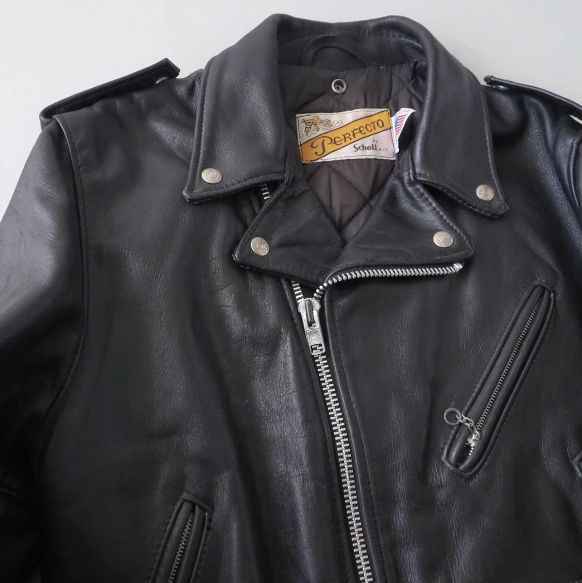Chaqueta de Cuero Schott Perfecto 618 Double Rider Negra Hecha en EE. UU. Talla 40