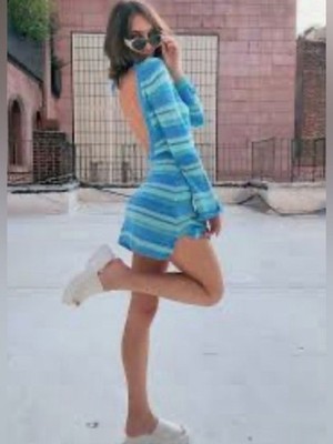 NWT Tiger Mist Blue Stripe Open Back Knit Mini Dress Women's M