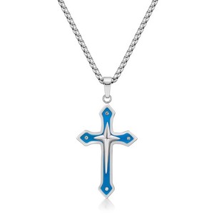 Blue Ion Plated Stainless Steel Two Tone Cross Pendant with CZ - 24" Box Chain