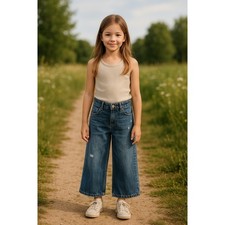 Zara Girls Wide Leg Cropped Distressed Jeans Medium Wash Size 10 140cm 