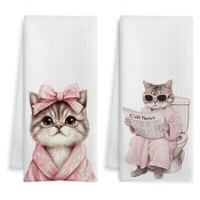 Pink Tabby Cat Bathroom Hand Towels, Gifts for Cat Mom Lovers, Trendy Bathrob...