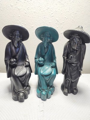 Vintage Asian Man Lot of 3 Figurines 2 Grey 1 Turqouis 1900s