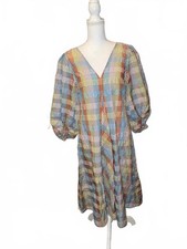 New Ganni Checkered Seersucker Puff-Sleeve Dress