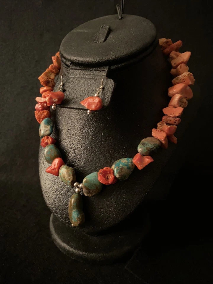 Juego de Collar y Pendientes Royston Color Turquesa Natural Rojo Coral Cuentas Plata Foto 2 de 4