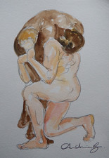 Original Watercolour Painting of Two Male Nudes Black & White Wrestling Embraced